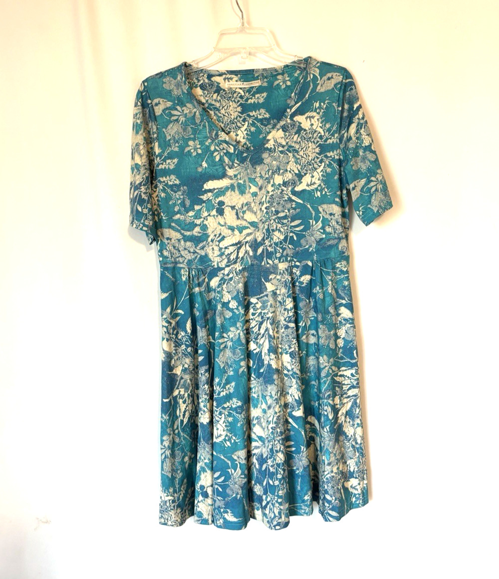 Peruvian Connection Dress Medium Blue Floral Knee Length Stretch Soft Boho